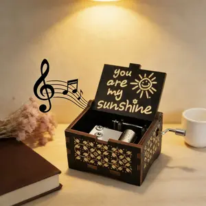 Retro Hand-Crank Wooden Music Box "You Are My Sunshine" with Intricate Carved Patterns Cozy Healing Unique Present for Valentine's Day Birthdays Decor Gift Laser Engraved Vintage Style