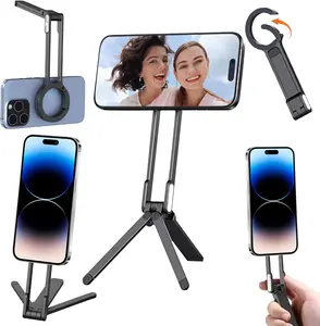 Magnetic Phone Tripod Stand,Foldable Pocket Cell Phone Mount,Adjustable Travel Gym Selfie Stick Mini Tripod Handle Desktop Stand for MagSafe iPhone 17 16 15 14 13 12 11& All Smartphones,Black