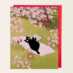 Cherry Blossom Spring Cat Card, Picnic Art Greeting Card, Cute Black Cat Card for Cat Lover, Book Lover Card, A2 Card
