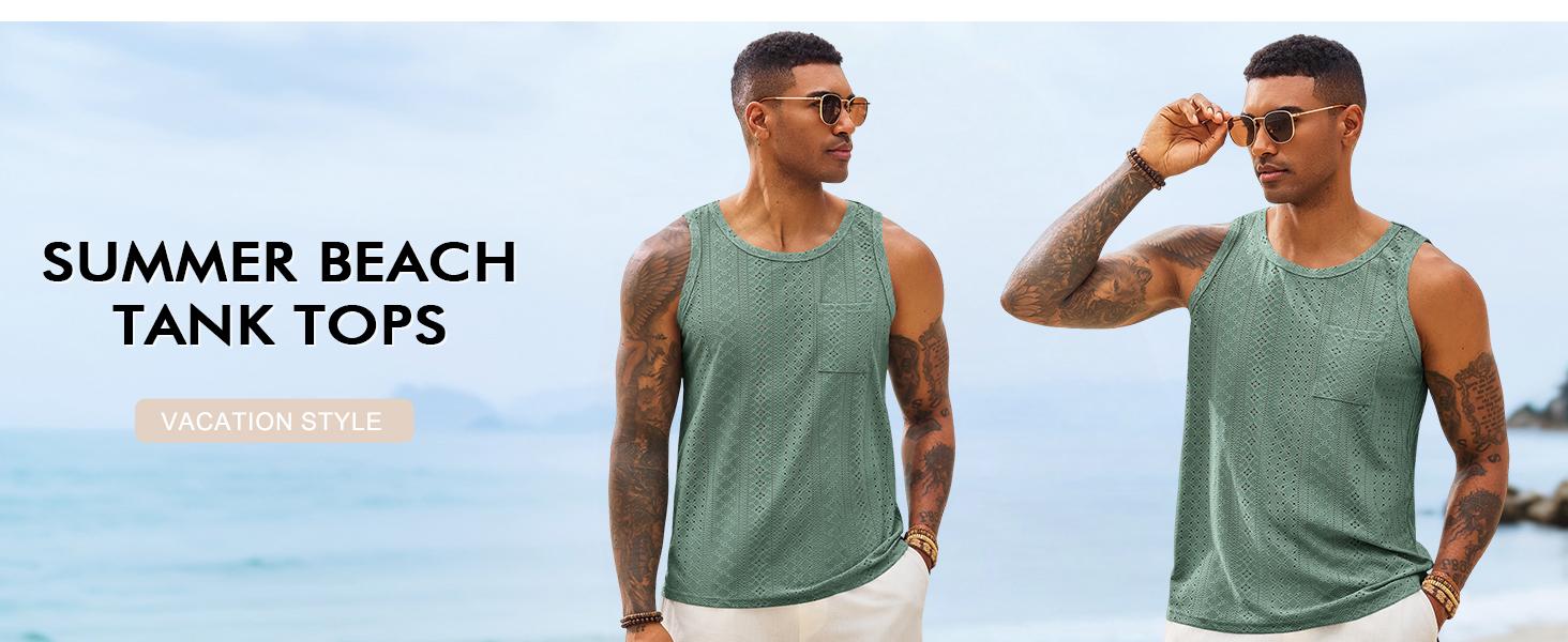 Runcati Mens Tank Tops Casual Sleeveless Hollow Out T-Shirts Muscle Summer Beach Hippie Shirts with Pocket