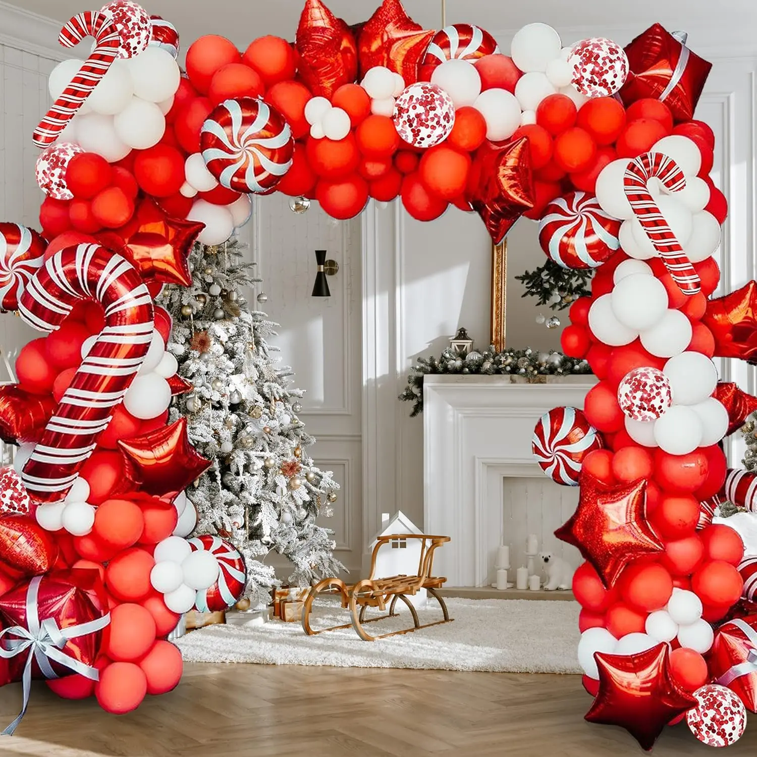 175PCS Christmas Balloon Arch Kit - Red, White, Candy Cane & Confetti Balloons, Tools Kit for Christmas Party Decor, Backdrop, Garland, Gift, Balloon Arch Backdrop, Star