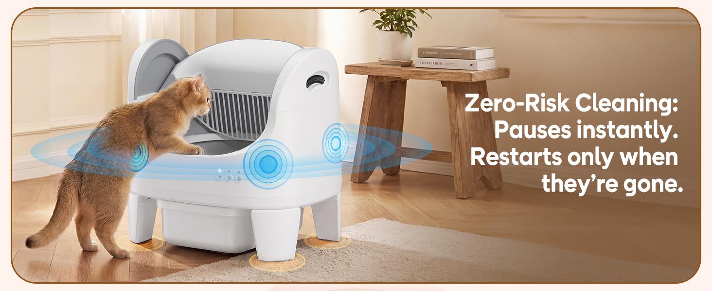 Best Seller | ECORUI Self - Cleaning - Litter Box Open Top Automatic with App Control for Multiple Cats Safety Sensors Protection Cream White 16.5"x17.3" Entrance 8L Compartment