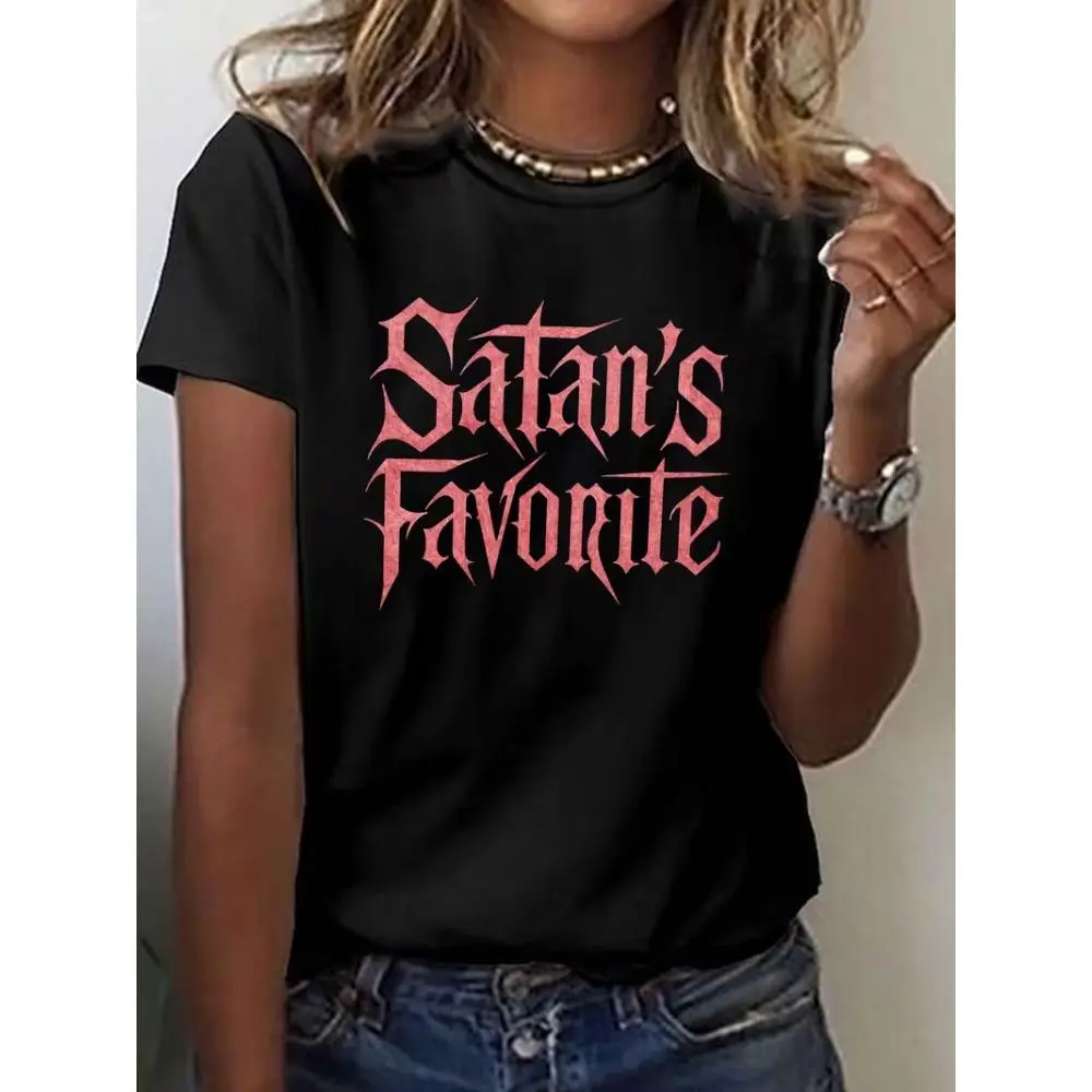 Women's Smooth Seamless Graphics Short-Sleeve Crew Neck T-Shirt - Bold Red "Satan's Favorite" Print, Casual Fabric Top for Spring & Summer