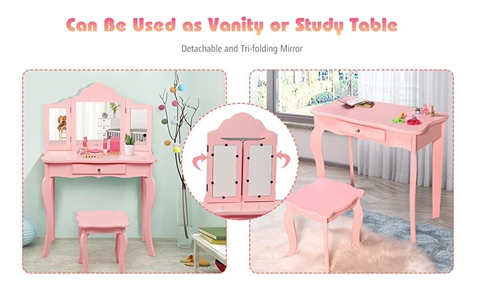 Costzon 2 in 1 Vanity Set for little Princess,  Pretend Beauty Dressing Play Toy Gift w/Tri-Folding Detachable Mirror Storage Drawer