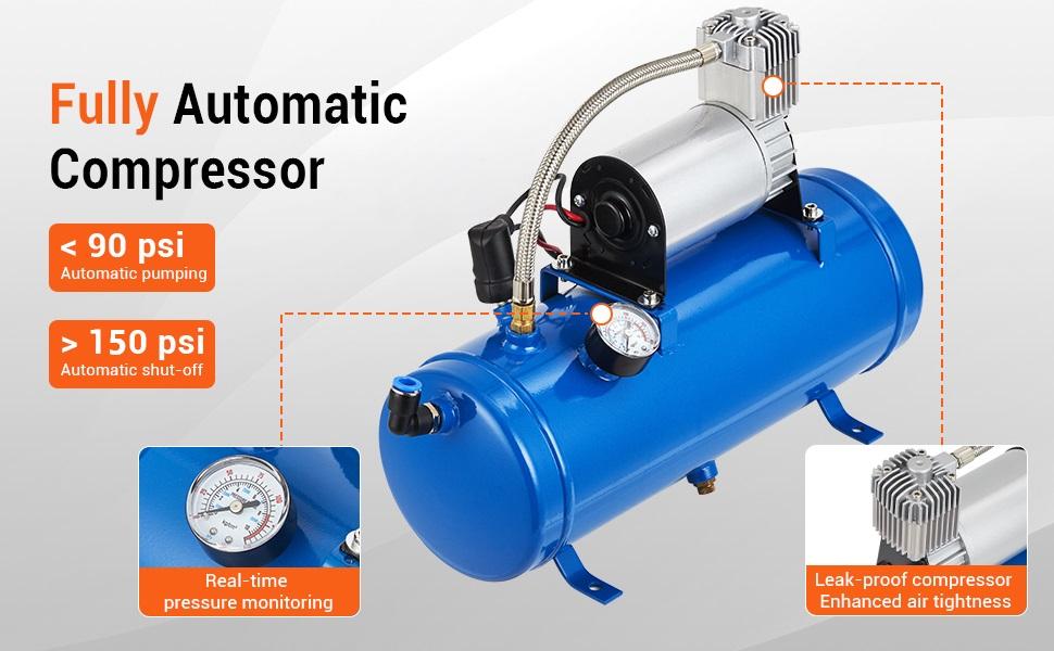 【GARVEE】4 Trumpets Train Horns Kit with 150DB Sound, Available with 1 or 1.6 Gallon Tank, 120-150 PSI Air Compressor, 12V Power for Trucks, Cars, Motorcycles, SUVs, RVs, Vans, Boats, and More