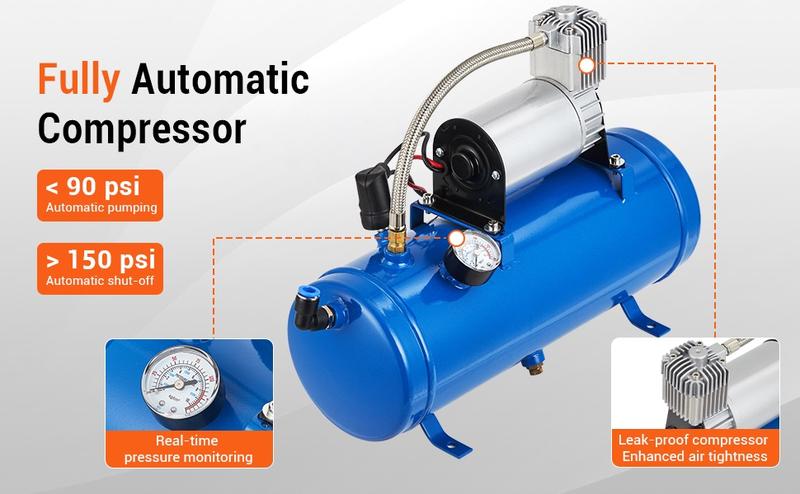 【GARVEE】4 Trumpets Train Horns Kit with 150DB Sound, Available with 1 or 1.6 Gallon Tank, 120-150 PSI Air Compressor, 12V Power for Trucks, Cars, Motorcycles, SUVs, RVs, Vans, Boats, and More