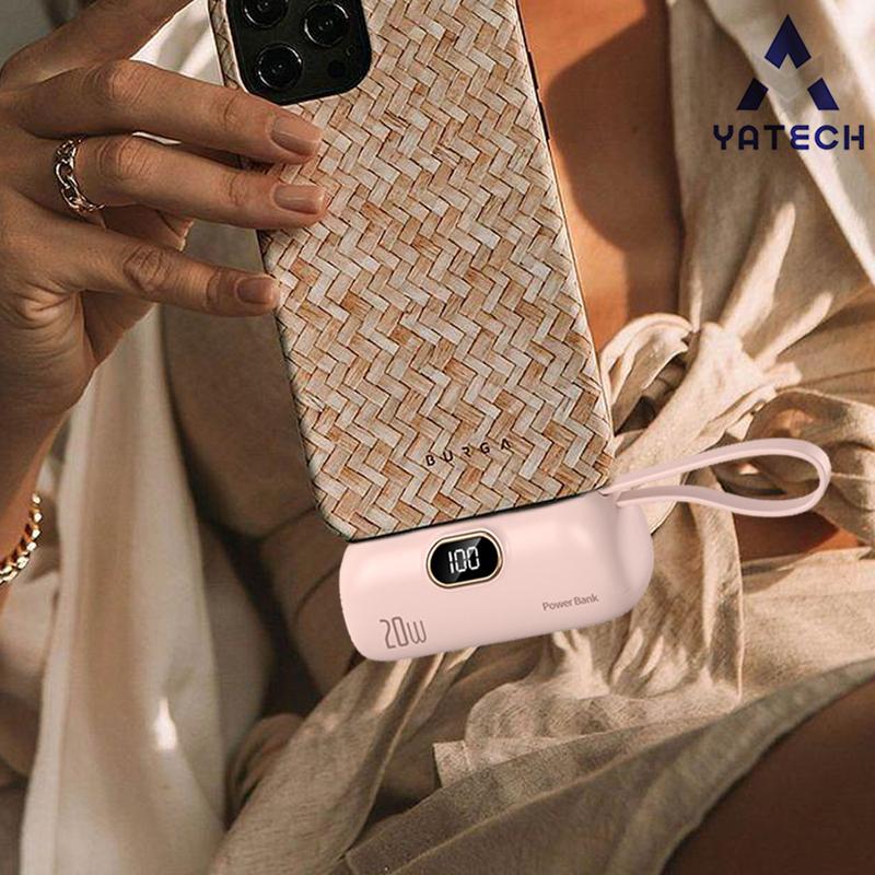 1PCS A pink. 5000mAh Mini Portable Power Bank, PD Fast Charging With LED Display, Type-C & IPhon Cable, Compatible With IPhon 6–15 Series