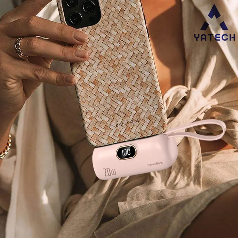 1PCS A pink. 5000mAh Mini Portable Power Bank, PD Fast Charging With LED Display, Type-C & IPhon Cable, Compatible With IPhon 6–15 Series