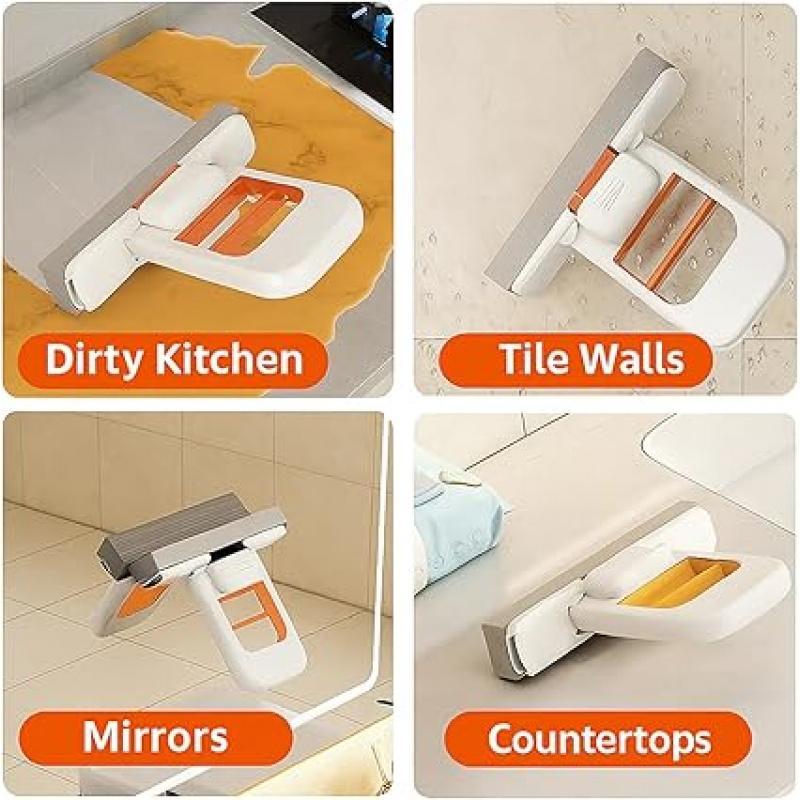 [Two pack]Mini Mop 2025 New Upgrade Portable Self-Squeezing Mop for Small Spaces Wet & Dry Use Orange with Sponge for Bathroom Kitchens & Desktop Glass Can Stand or Hang Lightweight and Compact