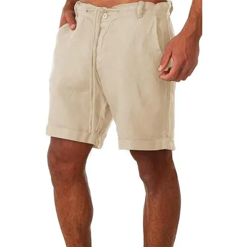 Runcati Men's Linen Casual Classic Short Elastic Waist Summer Beach Lightweight Board Slim-Fit with Pockets