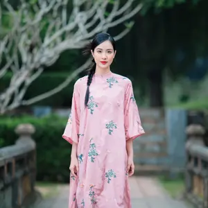 "Chau Hoa" Ao Dai set - Embroidered Flowers on viscose in Pink