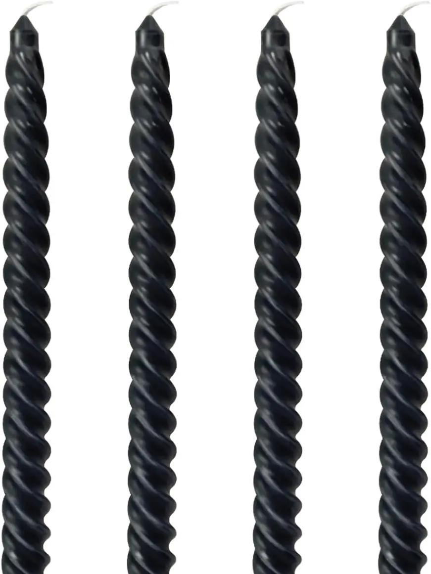 10 Inch Black Spiral Taper Candles for Dinner Party Halloween Home Decoration, 4 Pack Twisted Candlesticks for Wiccan Rituals Funeral and Memorial Services Ornaments Set