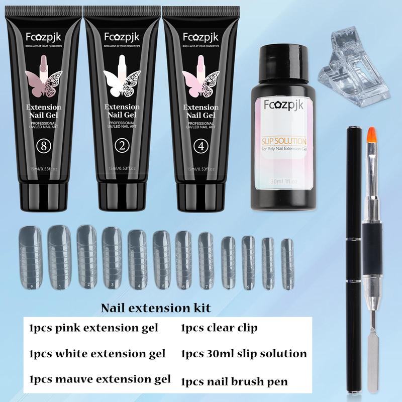 Fcozpjk Poly Nail Gel Kit White Mauve Nude Pink Builder Nail Gel Kit With Slip Solution Dual Nail forms Nail Clips for Poly Gel Nail Starter Kit Extension Manicure Set Acrylic Brush nails kit set