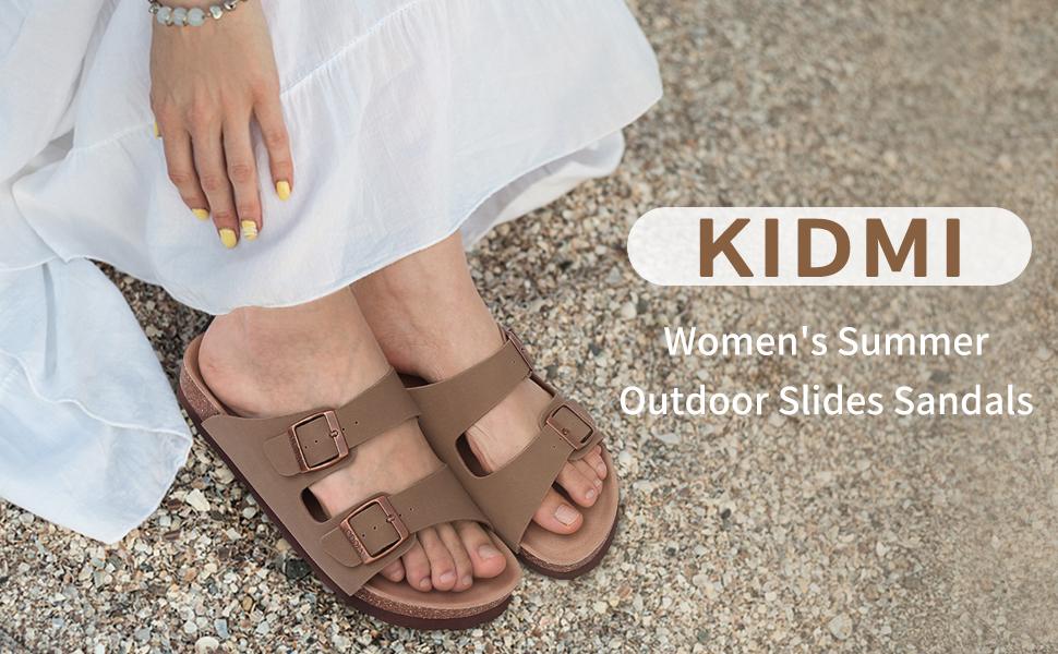 KIDMI Women's Sandals Men Flat Sandals Outdoor Cork Beach Sandals Women's Double-Strap Buckle Sandals with Adjustable Buckle Summer Walking Shoes For Women Footwear