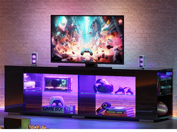 Pinmoco LED TV Stand for TVs up to 80" Gaming Entertainment Center with Side Bookshelf and 4 Open Shelves Black High Gloss Finish
