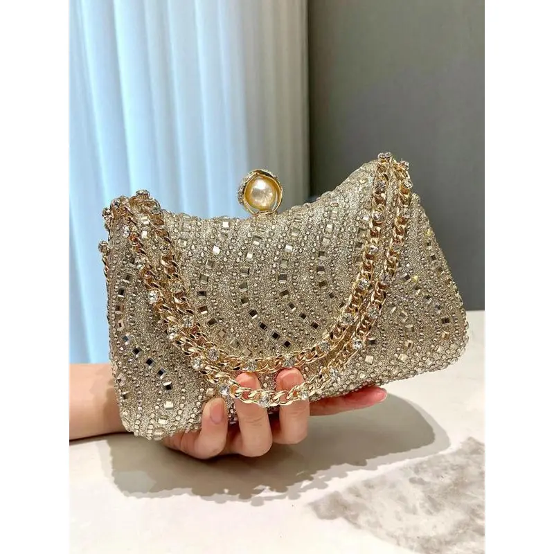 Evening Clutch for Women, Chic Checked Rhinestone Formal Handbag with Gold Foil Stamping and Detachable Chain Strap for Party, Wedding, Fashion Luxe Clutch, Formal Clutch