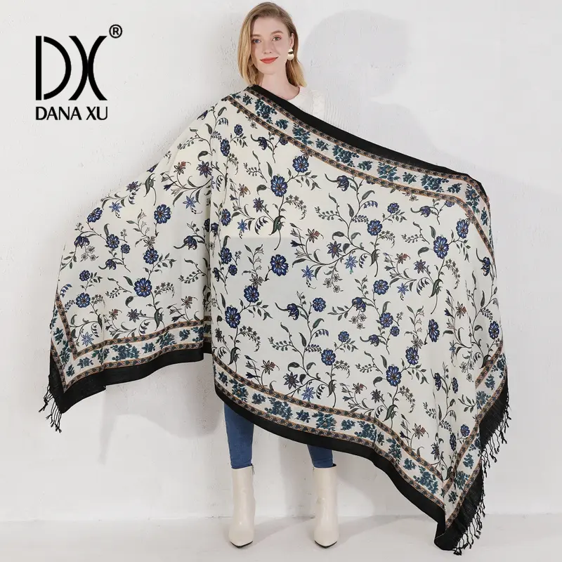 DANA XU 100% Merino Wool oversized Pashmina Blanket Travel Scarf Cashmere Wrap for Women Fall Winter Oversize Shawl Floral