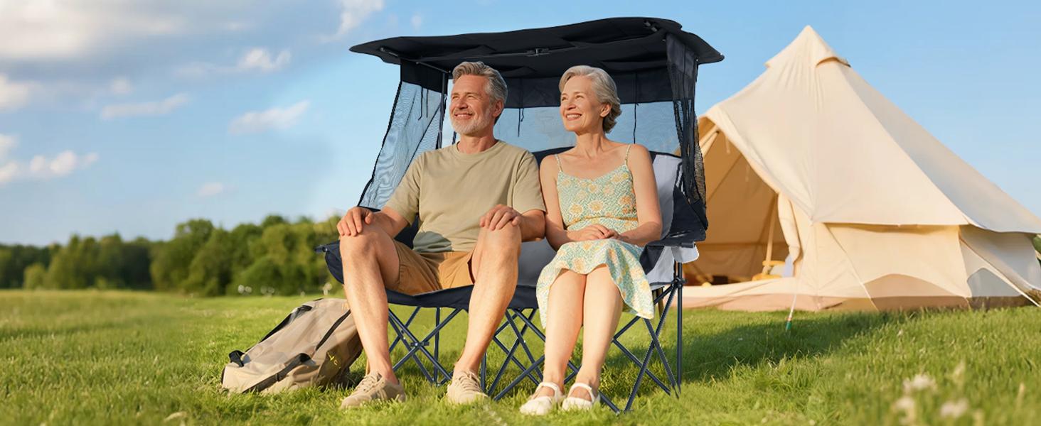 MOPHOTO XXL Double Camping Chair with Shade Canopy, Fully Padded Folding Camping Loveseat , Oversized Camping Bench Lawn Chairs Patio Lounge Chairs for Adults