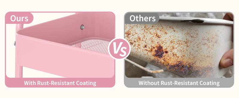 3 Tier Rolling Cart, Metal Utility Cart with 4 Hooks Storage Cart on Wheels Craft Cart with Handle for Organizer Storage for Classroom Office Dorm Home Pink