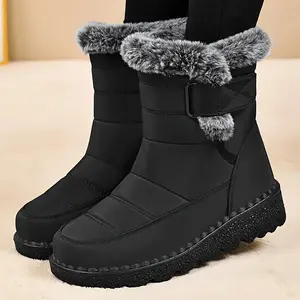 Woman's Winter Snow Boots Fur Lined Warm Waterproof Slip On Booties with Breathable Fur Lining Slip Resistant Sole Black Oxford Cloth Upper Velcro Closure Outdoor Booties for Camping Walking