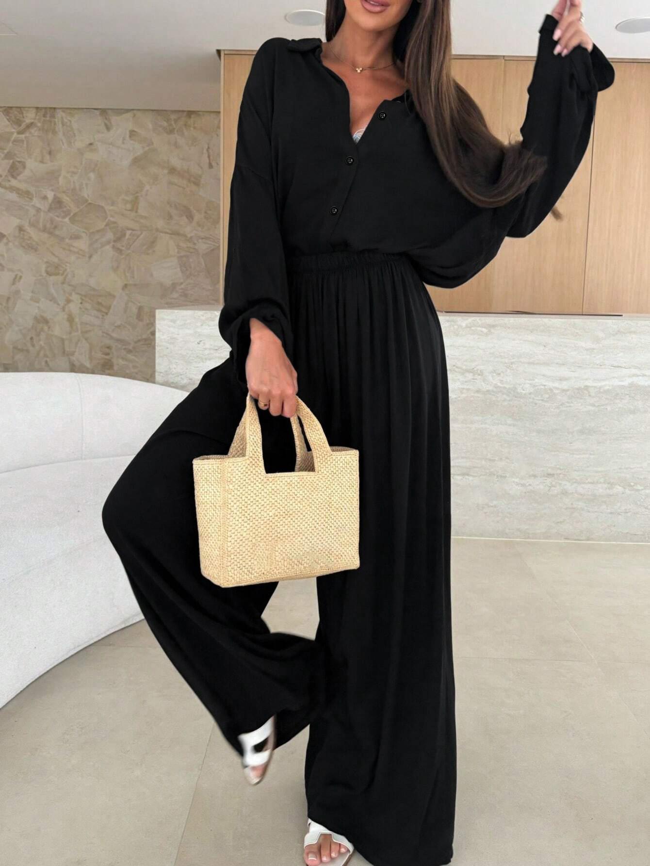 Elengatine Women’s Black Two-Piece Outfit Set – Relaxed Shirt-Style Top with V-Neck & Long Sleeves, High-Waisted Flowy Wide-Leg Pants, Effortless Chic Matching Look, Perfect for Work, Brunch & Everyday Wear