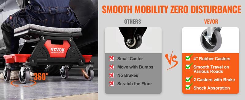 VEVOR Mechanics Stool, TikTokShopBlackFriday, 300 LBS Capacity Rolling Mechanic Seat with 4" Wheels, with Three Slide Out Tool Trays and Drawer, Heavy Duty Roller Creeper Seat for Home Garage DIY Automotive
