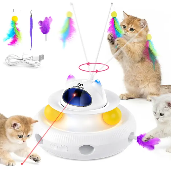 5-in-1 Universal Interactive Cat Toy - USB Rechargeable, 360° Rotating Feather Teasers, Rotates 360°, Light Pointer, Track, Dual Chasing Balls, Multi-Play Modes, Random Popout, Abs Magic Box Accessory, Indoor Hunt Mode for Bored Indoor Cats & Kittens