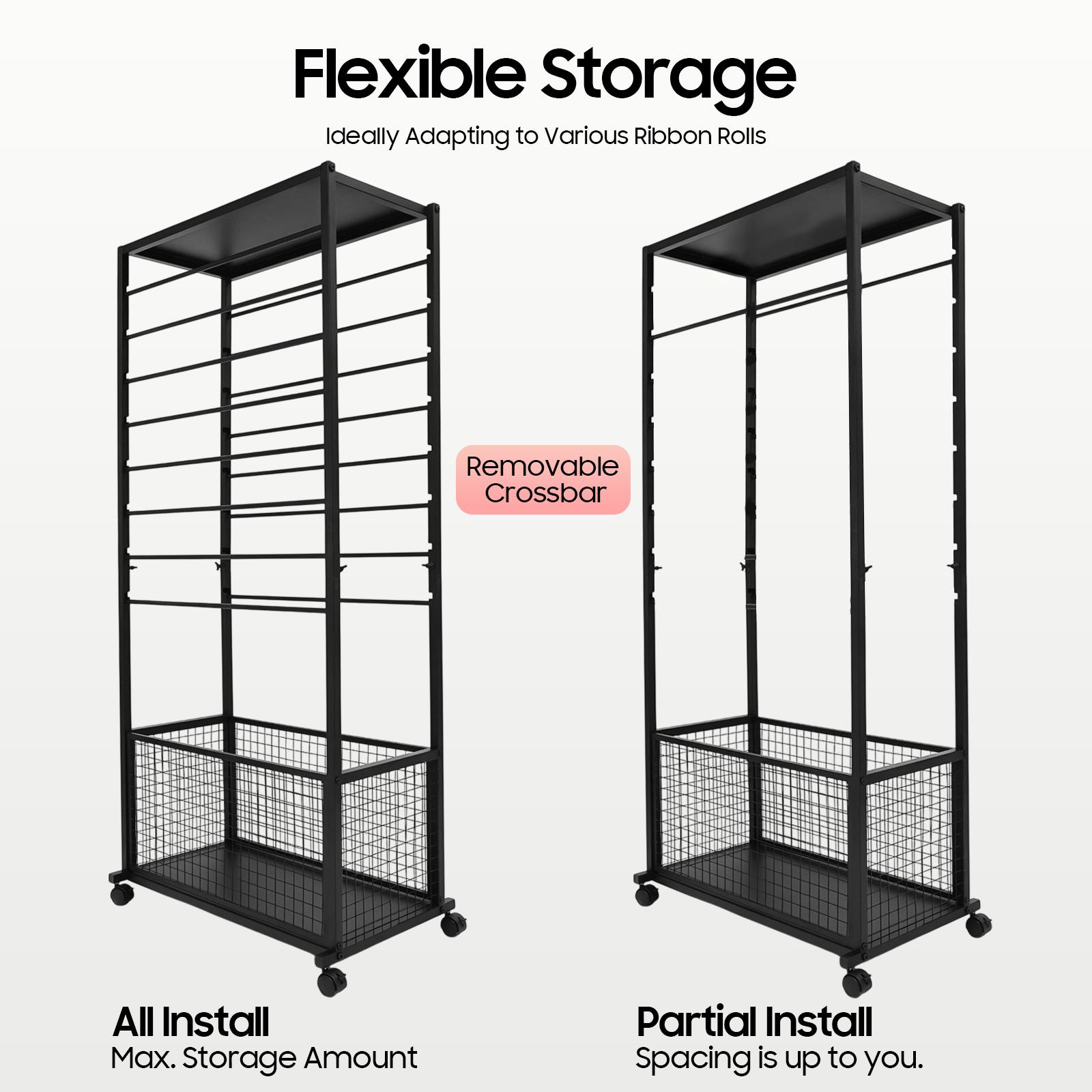 Industrial 16 Tier Double Sided Rolling Craft Rack with Locking Wheels for Ribbon Fabric Scarf Storage Display Organizer Heavy Duty Metal Shelving Unit Black White Freestanding