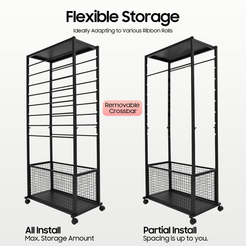 Industrial 16 Tier Double Sided Rolling Craft Rack with Locking Wheels for Ribbon Fabric Scarf Storage Display Organizer Heavy Duty Metal Shelving Unit Black White Freestanding