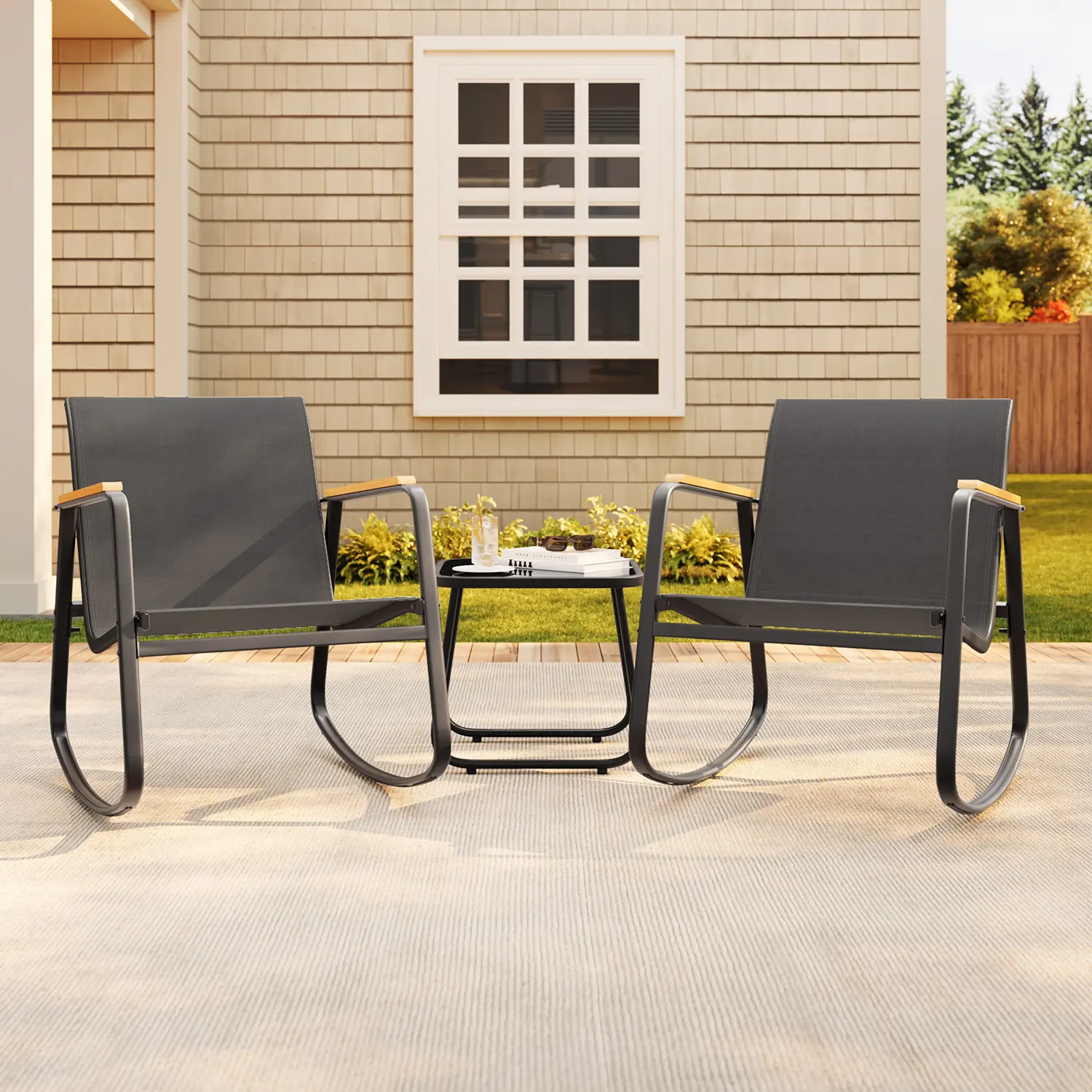 Gizoon 3 Pieces Patio Furniture Set Textilene Fabric Outdoor Patio Rocking Bistro Set with Wooden Armrests and Coffee Table for Lawn Porch Balcony Poolside,outdoorfurnitureset,home decor,camping essentials