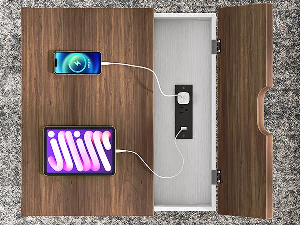 HOOBRO Farmhouse End Table with Charging Station, 23.6" Large End Tables for Living Room, Sofa Side Table with Barn Door, Wooden Square Nightstand Bedside Table, Flip Top, White and Walnut