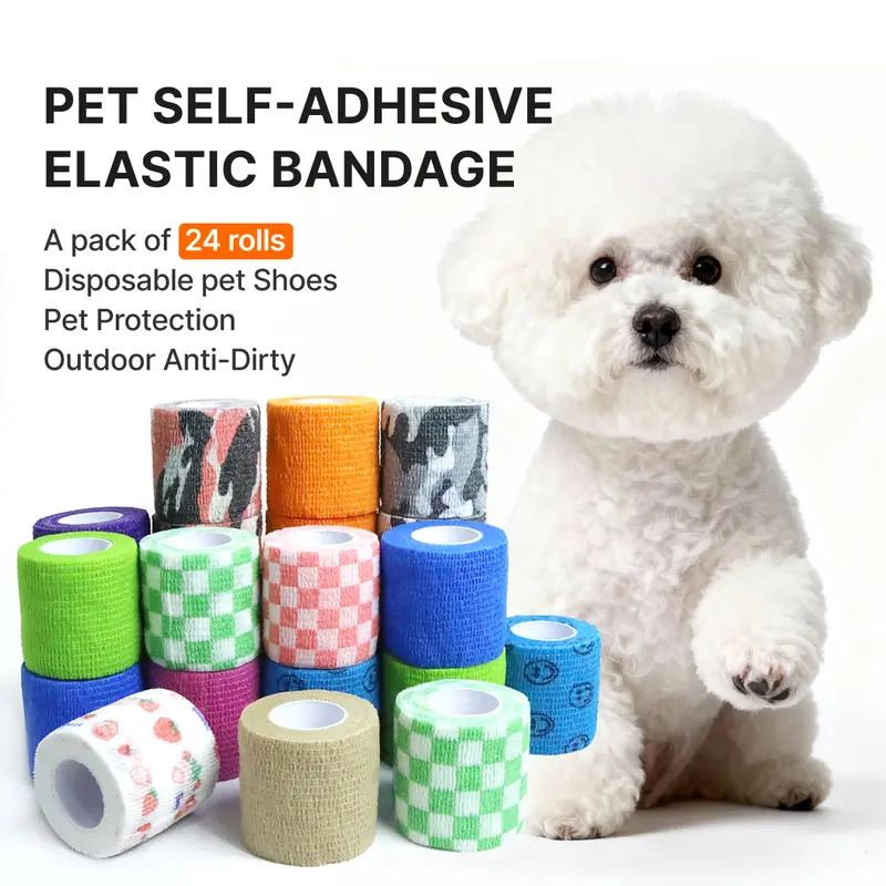 Disposable Self-Stick Dog Paw Protectors (24 Tear-Off Rolls) - Super Strong Adhesive, Waterproof, Stain-Resistant, Highly Elastic, Comfortable, Hygienic, Universal Design for Indoor-Outdoor Use, Fits Dogs Under 20lbs, Solids/Prints, 5-Sec Application