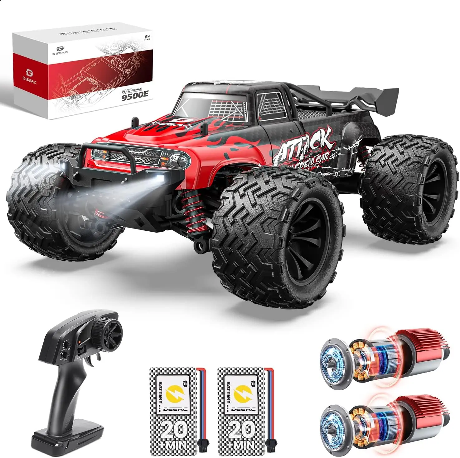 DEERC 1:16 Scale 4WD High-Speed RC Monster Truck Toy - 40+ km/h, 50° slope climb, 2.4GHz remote, lights, 2 batteries for 40 mins runtime, 3.3 lbs, all-terrain off-road, ages 8+, 3 months support, gift for kids, Adults