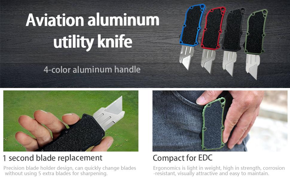 Aviation aluminum utility knife, EDC automatic utility knife, retractable heavy-duty cardboard knife, OTF box opening knifes, replaceable blade pocket knife with clips, with 5 spare SK5 blades (Black) cutter hand tool