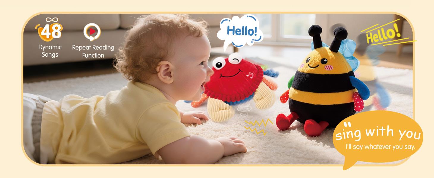 Hahaland Musical Interactive Dancing Crab/Bee/Football Plush Toy - 48 Songs & Repeat What You Say- Walking Moving Bouncing Crawling Toddler Toy 1-3 Baby Toy Infant Tummy Time Toy 0-3-6-12-18 Months Birthday Easter Basket Stuffers  Gifts for Kids