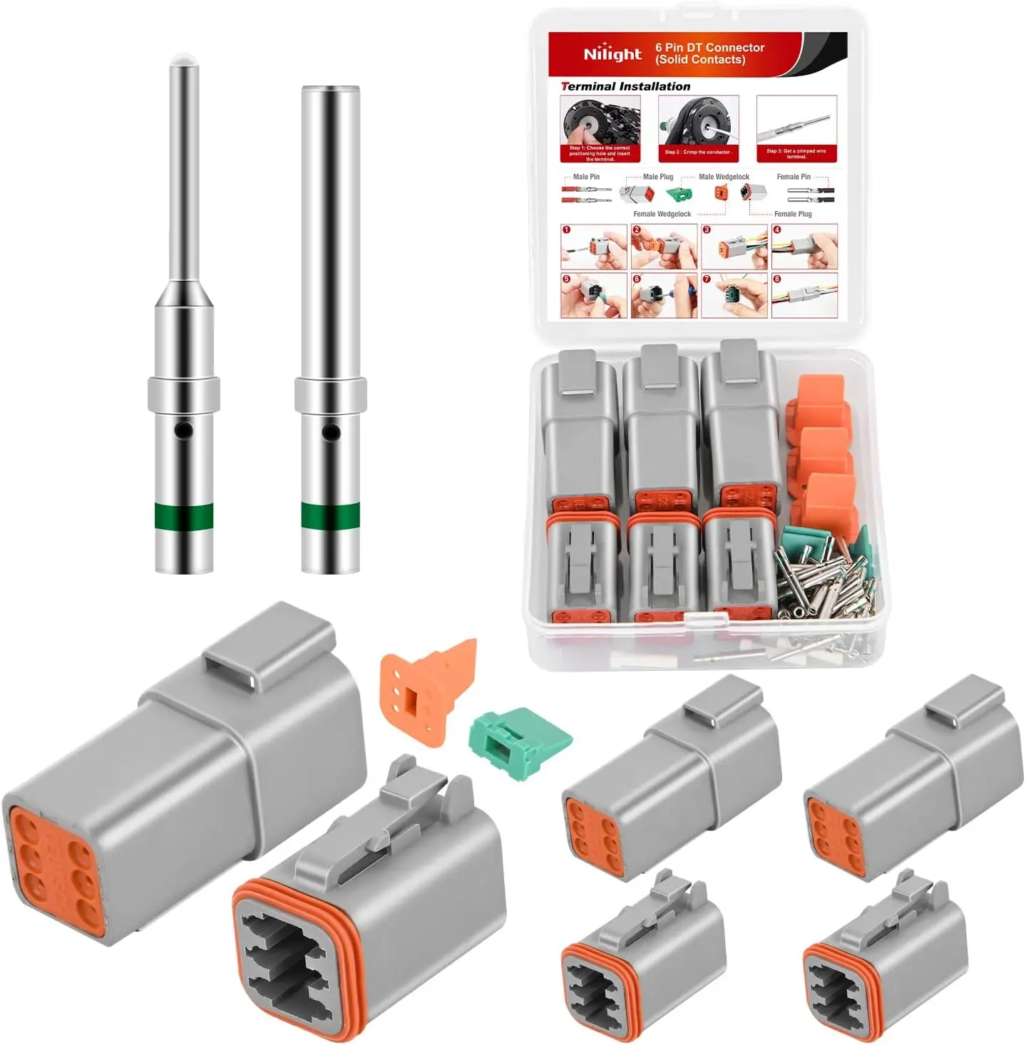 Nilight 3 Sets 6-Pin DT Connector Kit, 18 Pairs Size 16 Solid Terminals, PA66 Nylon Waterproof Male-Female Receptacles, 14-20 AWG Wires, 13 A Continuous, for Car, Boat, Off-Road Vehicles