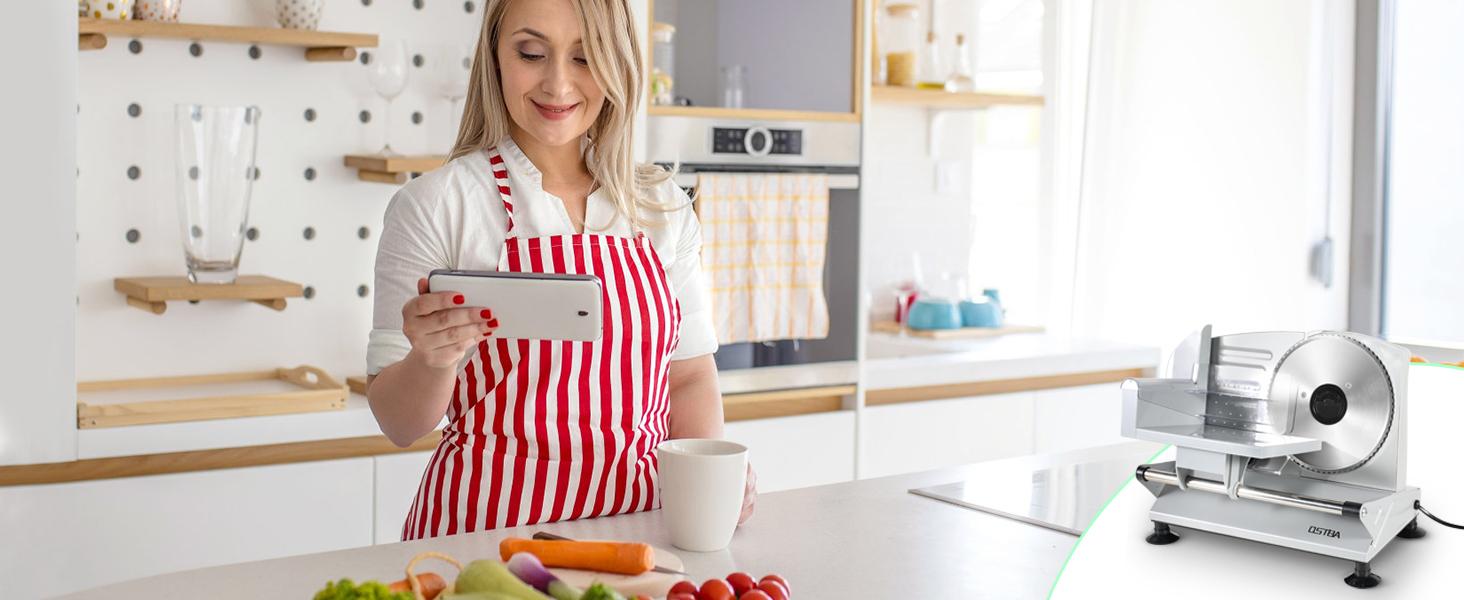 OSTBA Meat Slicer, Electric Deli Food Slicer with Removable Stainless Steel Blades, Adjustable Thickness Meat Slicer for Home Use, Easy to Clean, Ideal for Cold Cuts, Cheese, Bread, Fruit kitchen appliances cutting machine