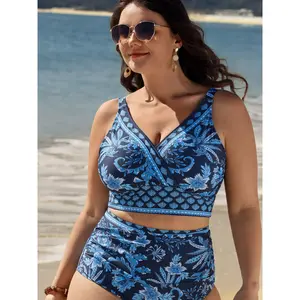 【Summer Turn-Up】【Tammy Control】BlOOMCHIC Plus Size Floral Print Color Contrast Surplice Swim Top [M-6X] 2026 Summer Pick for Mother's Day