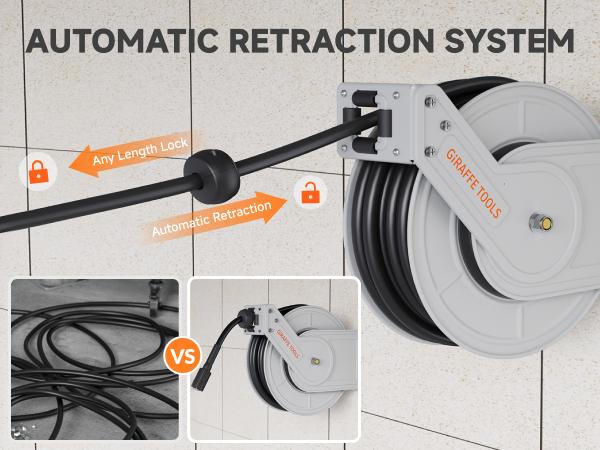 Giraffe Tools Retractable Pressure Hose Reel 4000/3200 PSI Heavy Duty 65ft Retractable Hose for Power Washers Lockable at Any Length Wall Mounted