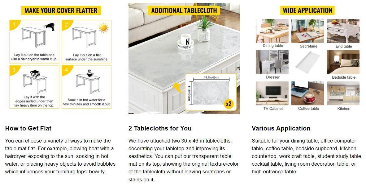 VEVOR Plastic Table Cover, 2 mm Thick Clear Table Protector, Rectangle Clear Desk Mat, Waterproof & Easy Cleaning for Office Dresser Night Stand