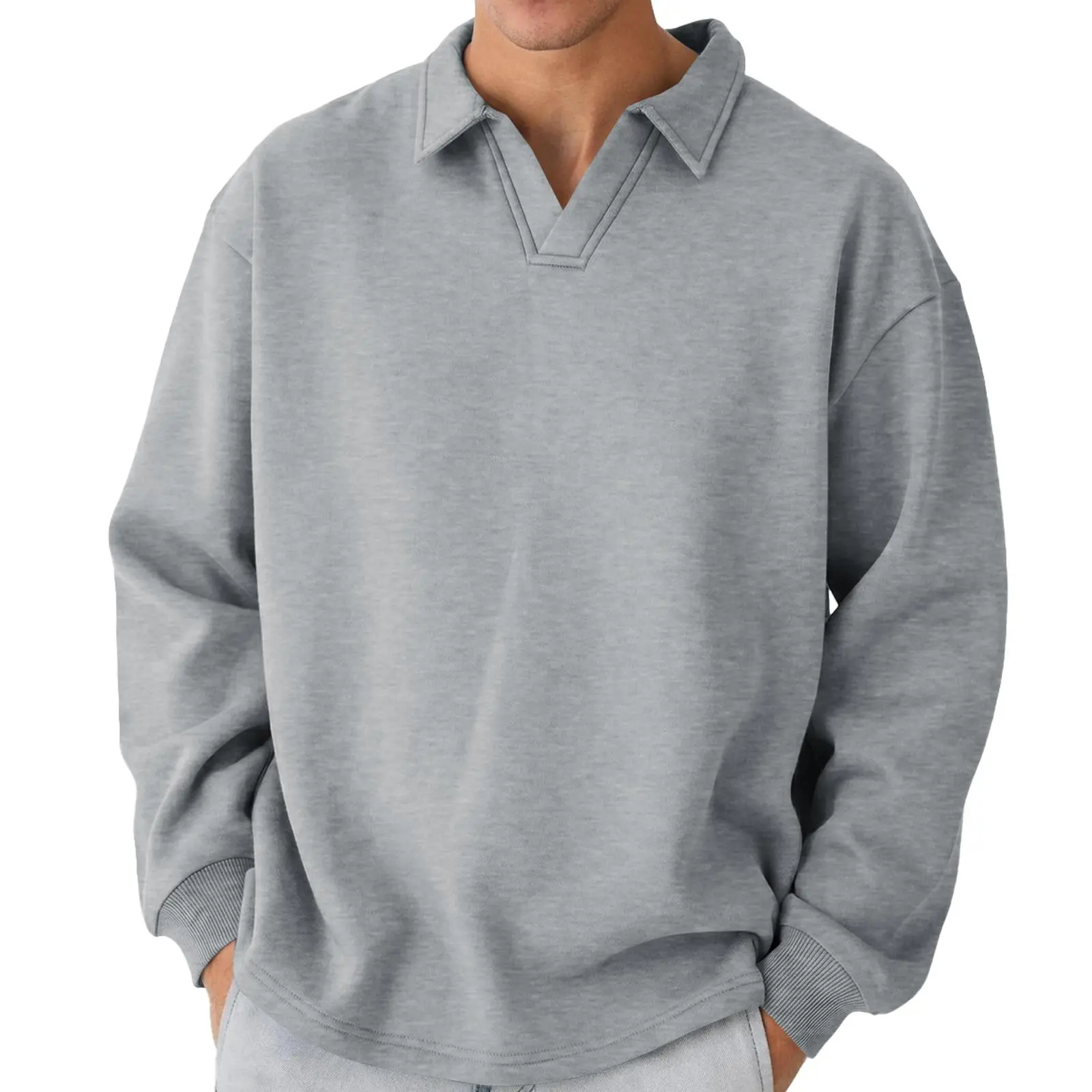 JMIERR Men's Fleece Polo Collar Pullover Sweatshirt | Fleece polo collar pullover sweatshirt for men, stretchy 50/50 poly-cotton, soft warm long sleeve top for fall winter