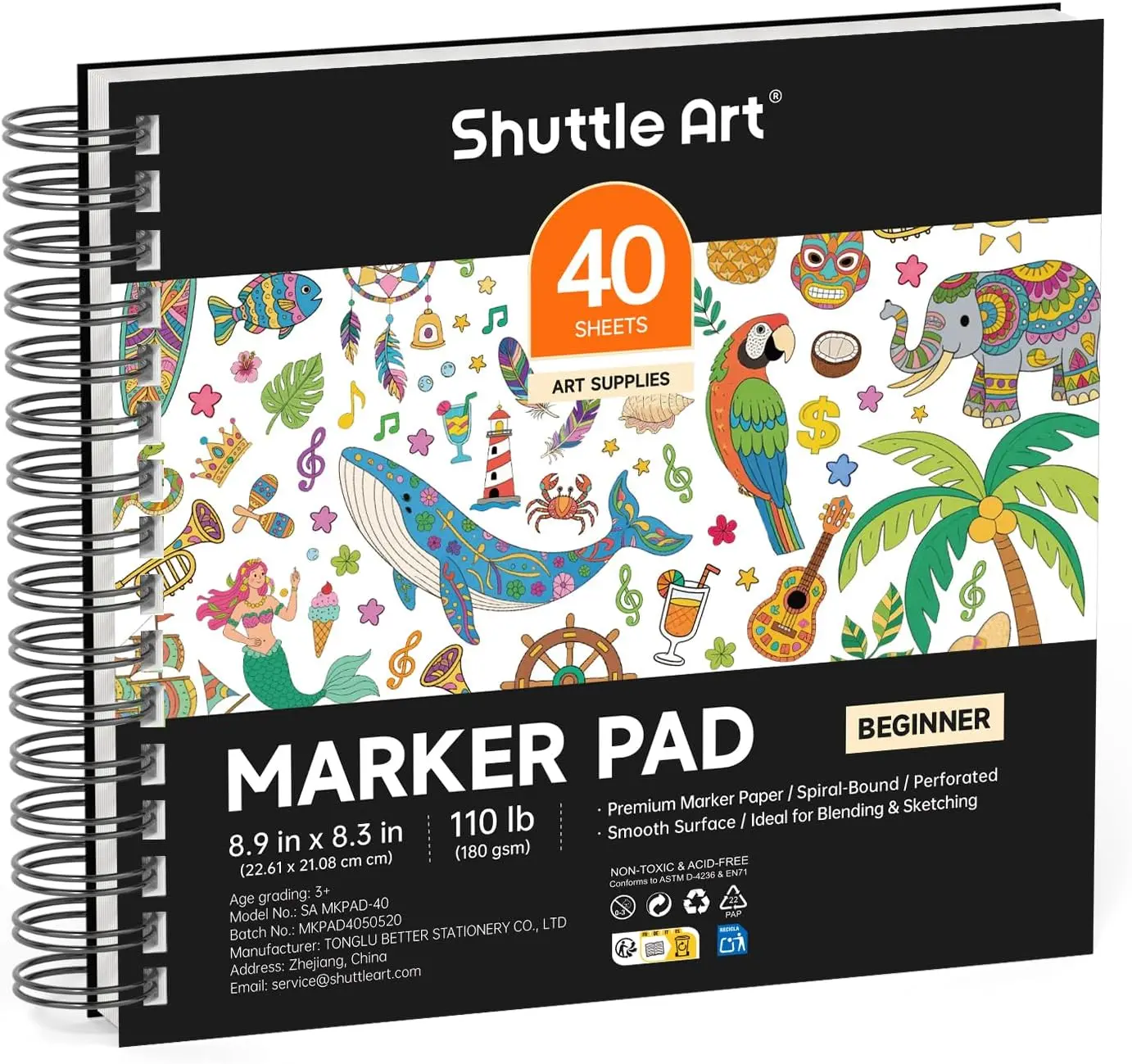 Shuttle Art Marker Pad, Portable Sketchbook, 40/70 Sheets Marker Drawing Paper, 110LB/180GSM Smooth Surface Bleedproof Art Paper, Spiral-Bound, Great for Beginners to Draw, Paint & Sketch,Additional Transparent Sheet,back to school,back to school haul