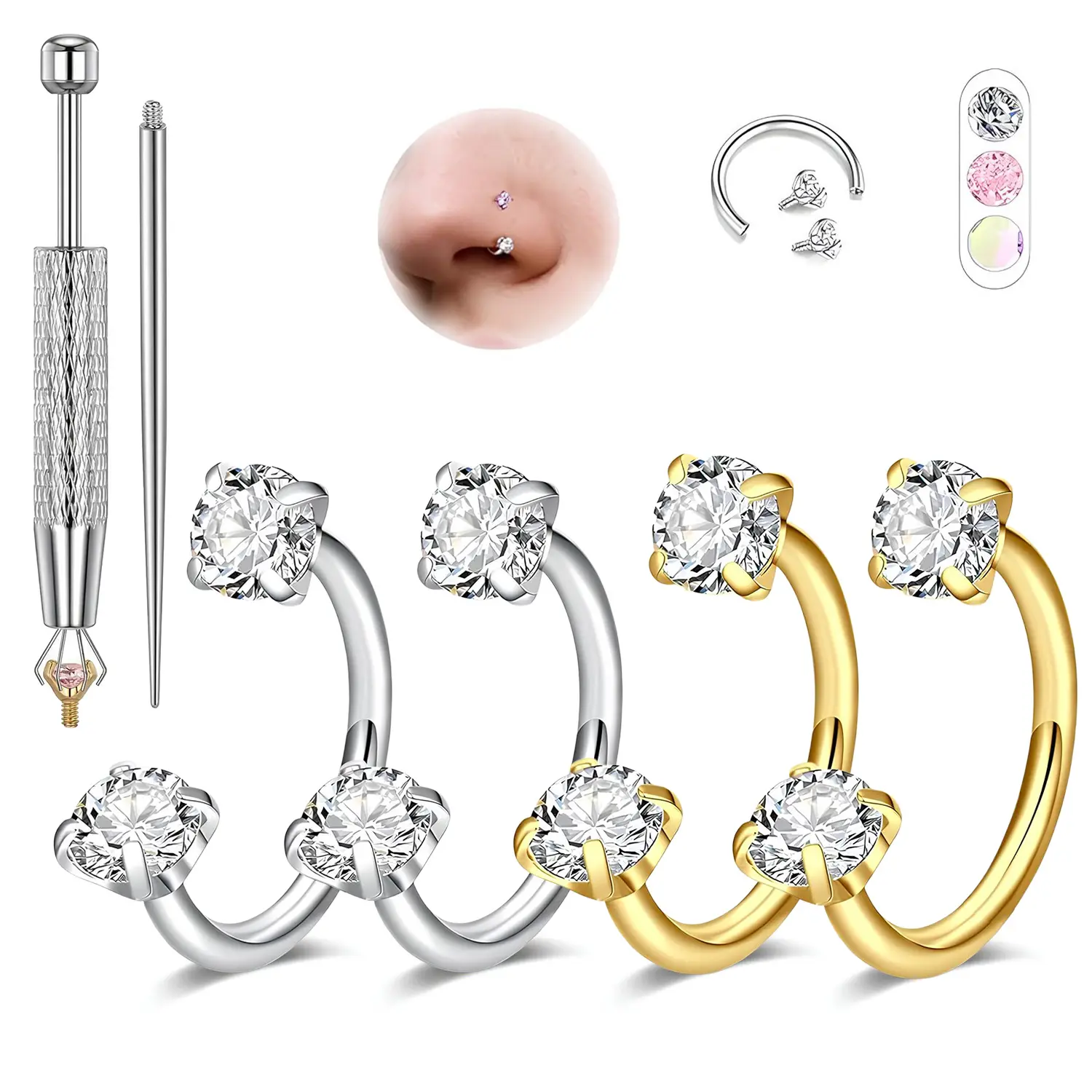 4PCS 20G 0.8mm Internally Threaded Horseshoe Nose Ring Set, 316L Surgical Titanium Steel Gem Nose Hoops with Ball Holder & Insertion Guiding Needle