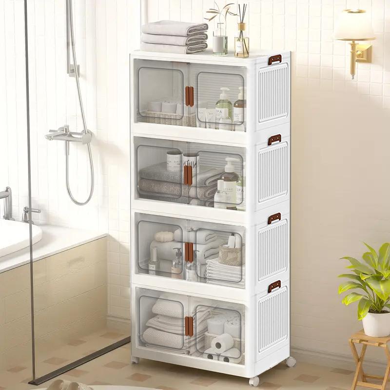 60CM-2/3/4/5 Layers Plastic Storage Box Organizer Stackable & Foldable with Magnetic Transparent Door for Kitchen Bedroom Living Room Study Office Saving Space