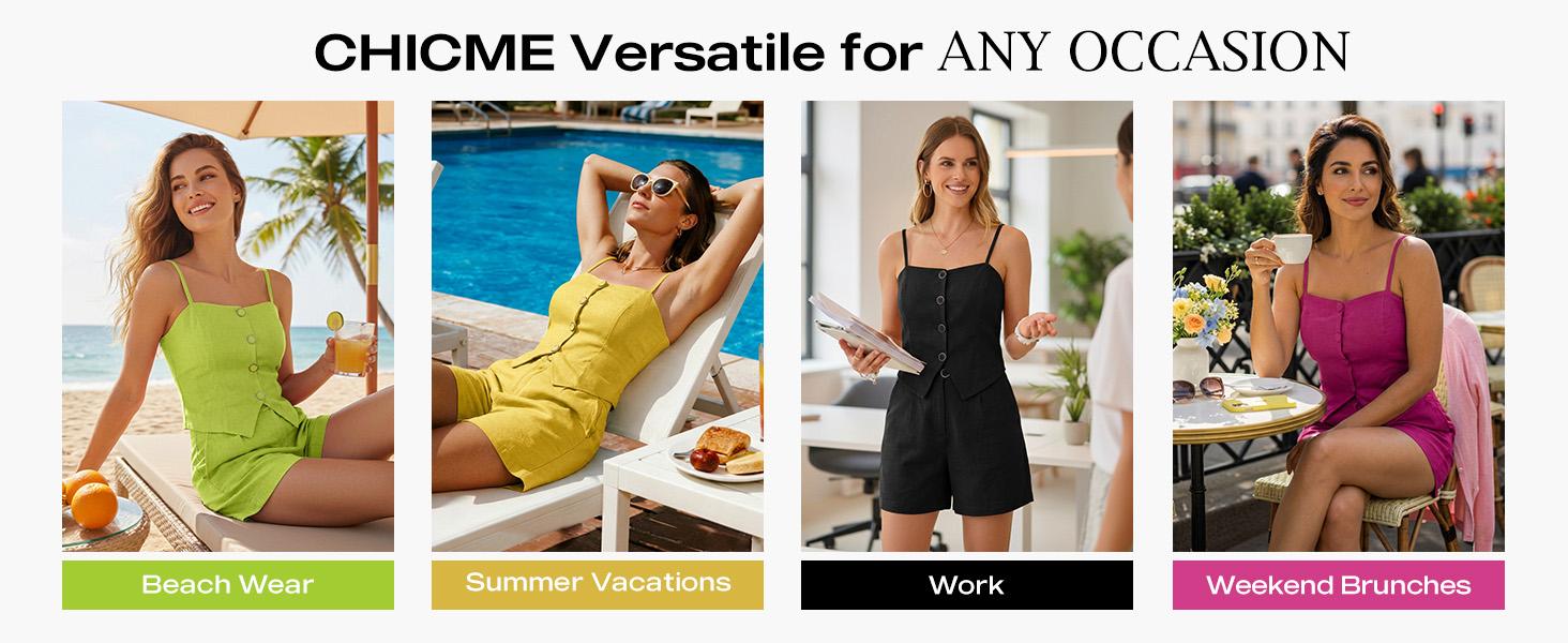 ChicMe Women's 2 Piece Matching Short Sets - Casual Bandeau Spaghetti Strap Button Front Slit Hem Top with Slim Fit Pocket Design Shorts Outfit for St. Patrick's Day