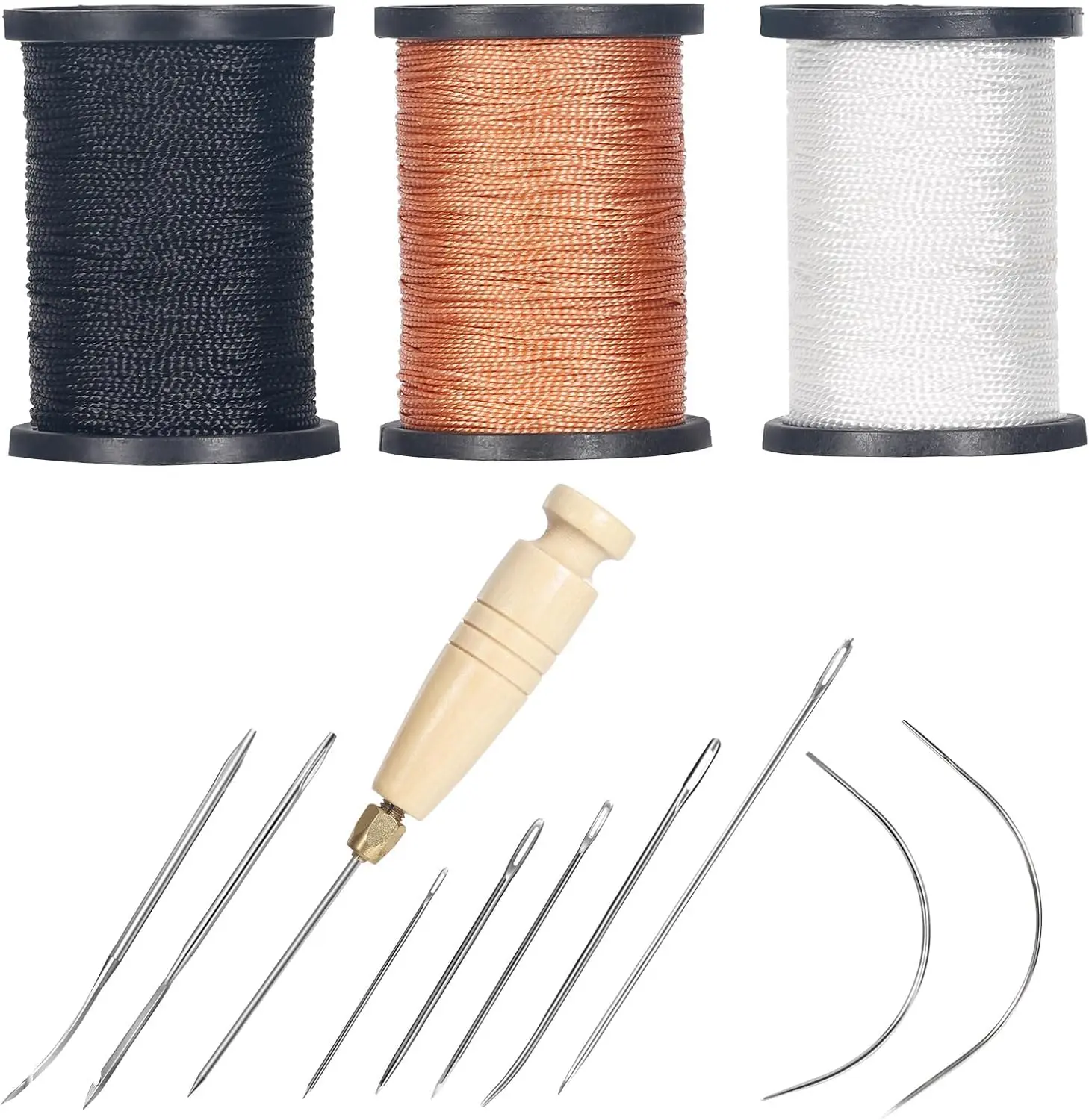 3-Spool Nylon Thread Sewing Kit, 80 Yards Each, Heavy Duty Needles (5 Straight, 2 Curved), Sewing Awl, Ideal for Upholstery, Leather, Shoes & DIY Crafts
