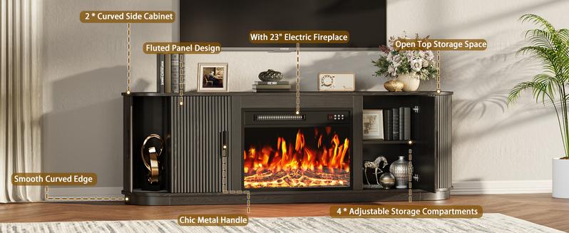 PUKAMI 70" Fluted TV Stand with 23" Electric Fireplace, Modern Wood Cabinet with Fireplace for TVs Up to 80 inches, Curved Edge, Entertainment Center with Sliding Doors for Living Room, Natural Wood