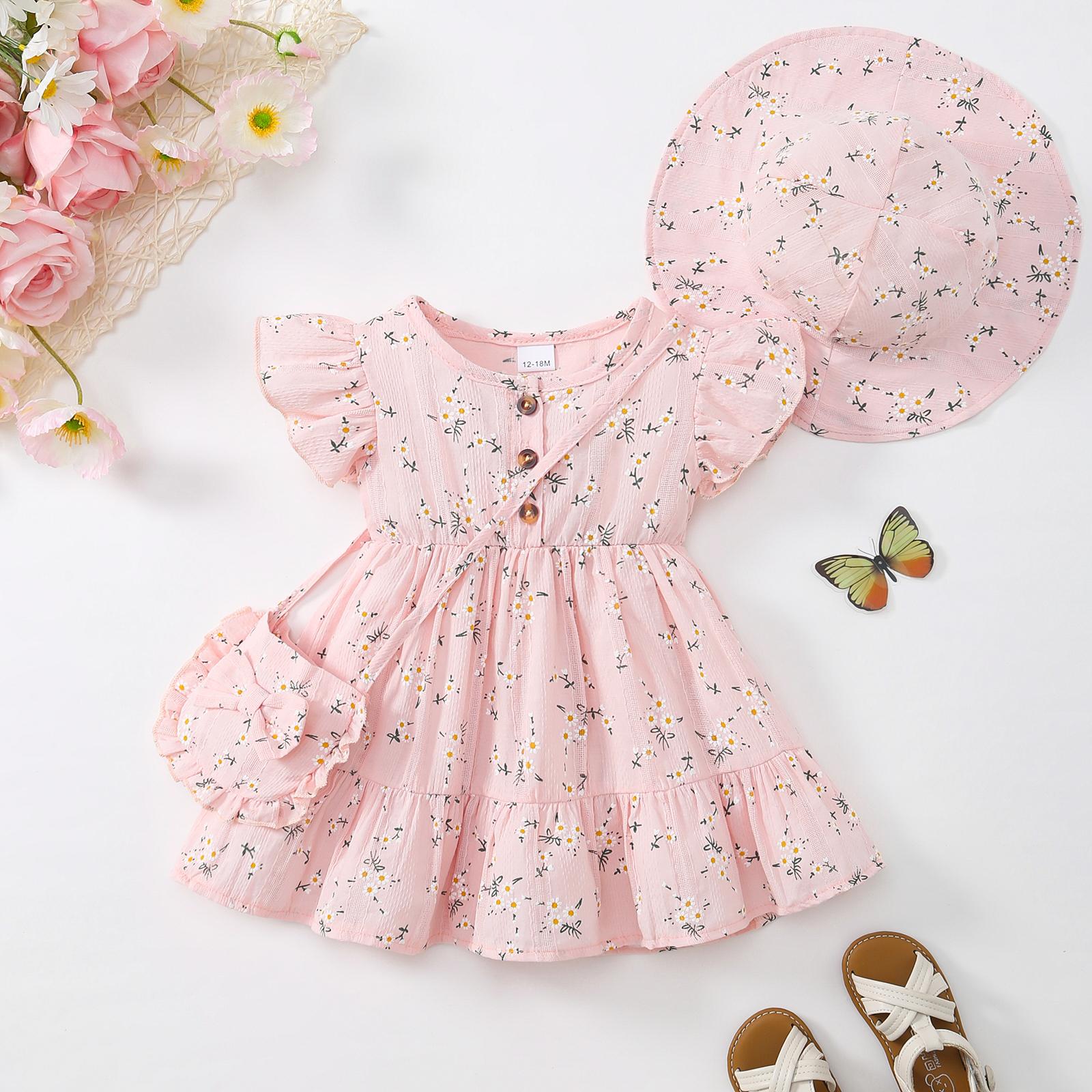 YOUNGERTREE Baby Girls' Three-Piece Sleeveless Dress Set with Cute Bow Small Backpack & Sun Hat Spring Summer Casual Outfit little girl Playwear toddler summer dress