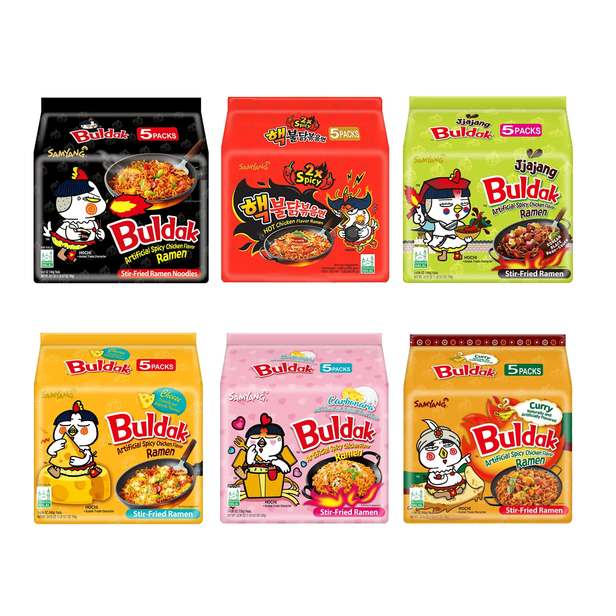 Samyang Buldak Instant Ramen Variety Pack - 5 Packs of 6 Traditional Korean Hot Chicken Flavors (Original, 2X Spicy, Carbonara, Cheese, Jjajang, Curry) - Bagged Ambient Instant Ramen Noodles, Easy to Prepare Pantry Staple for Spicy Food Lovers, Savory Ins