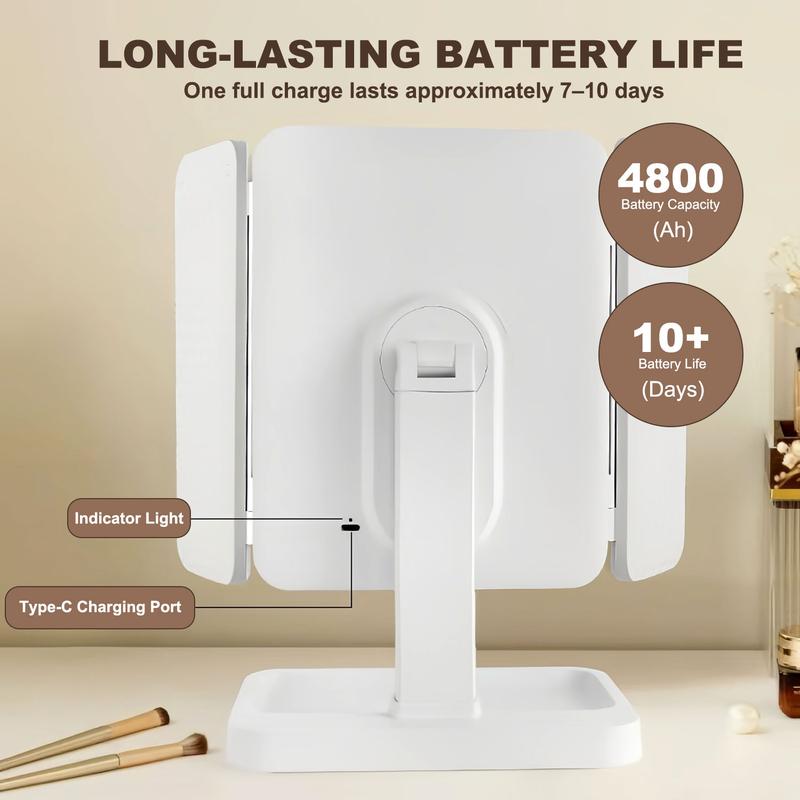 Tri-fold design, lightweight and portable. Features three-color LED lighting, 2×/3× magnification, and 180° rotation for clear details. Ideal for Valentine’s Day gifts, makeup, office use, travel, outdoor use, bathroom, bedroom, and daily skincare.